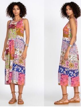 Johnny Was Cosmo Easy Fit Tea Length Dress Patchwork Floral Bamboo Midi NWOT